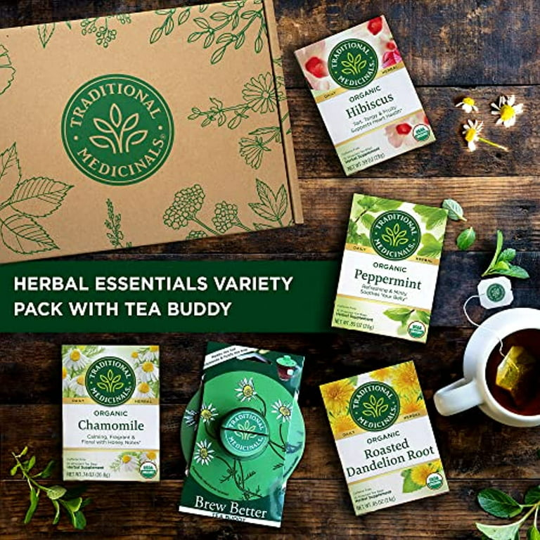 Traditional Medicinals Organic Herbal Tea Variety Gift Box W/ Premium Tea  Buddy - Includes Chamomile, Peppermint, Hibiscus, And Roasted Dandelion  Root