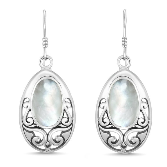Vintage Filigree in Oval White Pearl Sterling Silver Balinese Dangle Earrings