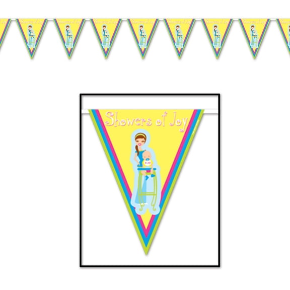 Club Pack of 12 Yellow and Blue 'Showers of Joy' Baby Shower Pennant Banners 12'