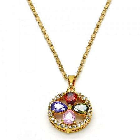 Folk Jewelry - Fanned Out Flower Multi Color Cubic Zirconias Gold Plated Pendant Necklace For Ladies By Folks Jewelry