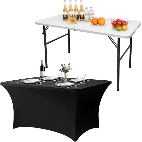 4 Foot Folding Table with Spandex Stretch Table Cloth, Fold-in-Half, Portable Heavy Duty Plastic, Indoor Outdoor Use, White