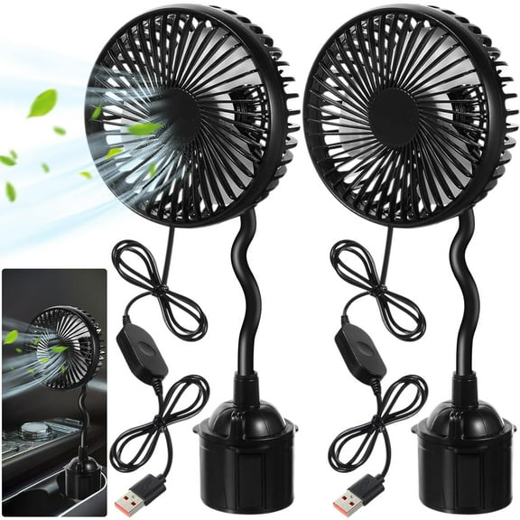 2pcs USB Powered Fan for Car Portable Vehicle Cooling Fan Mounted in Cup Holder 3 Speeds 360 Rotation with Flexible Gooseneck Adjustable Base Car Accessories for Truck SUV RV Supply