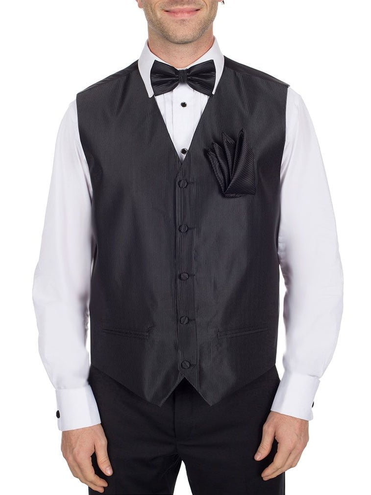 Men's Solid Fomal Vest, Bow Tie, & Hanky Black for Tuxedo and Suit
