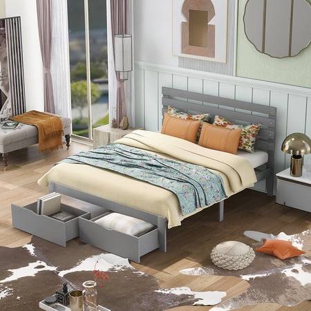 Canddidliike Queen Wooden Platform Storage Bed with 2 Drawers - Gray