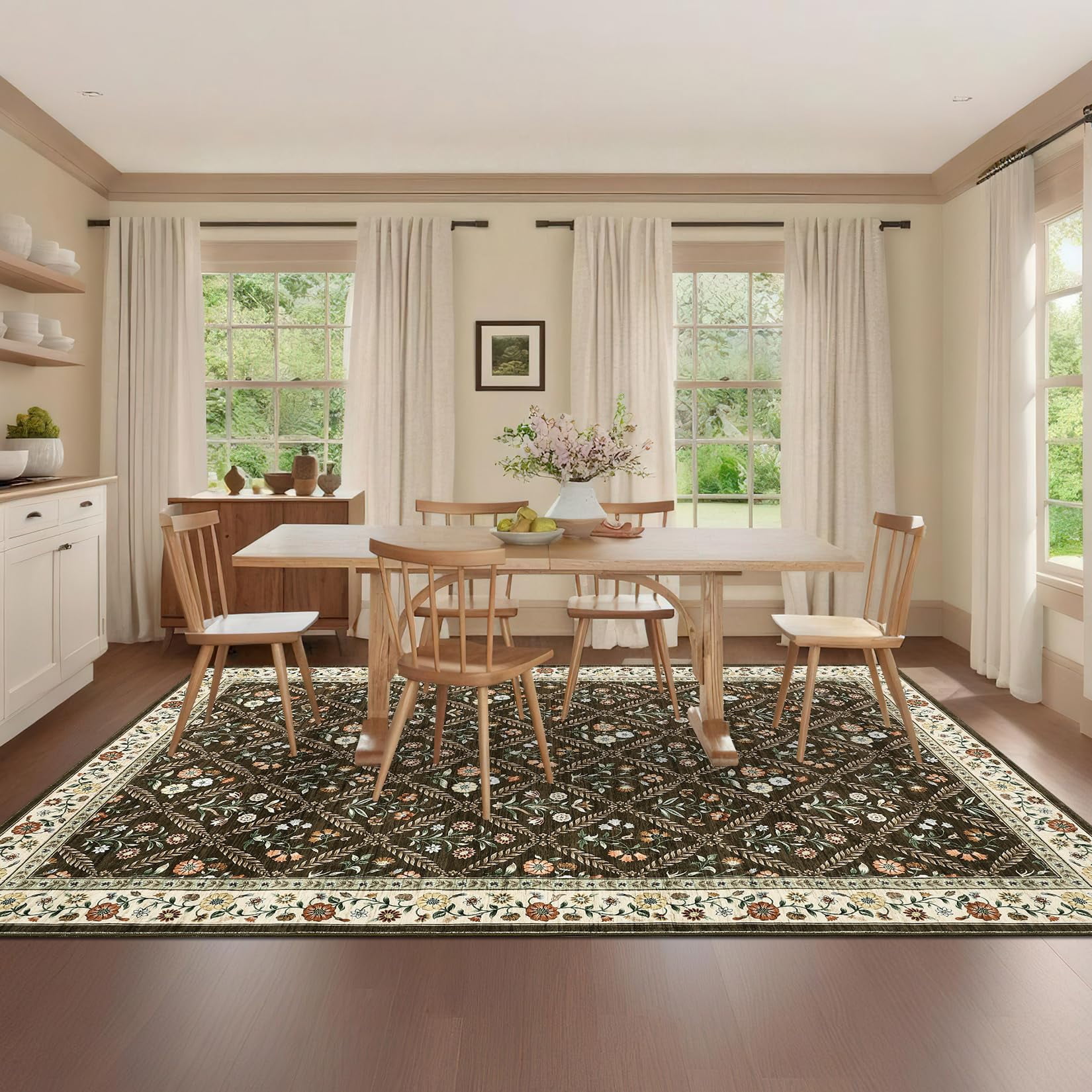 COZONY 9x12 Washable Area Rug, Distressed Vintage Floral, Non-Slip Low Pile Soft Rug for Living Room, Bedroom, Dining Room, Farmhouse Decor, Brown