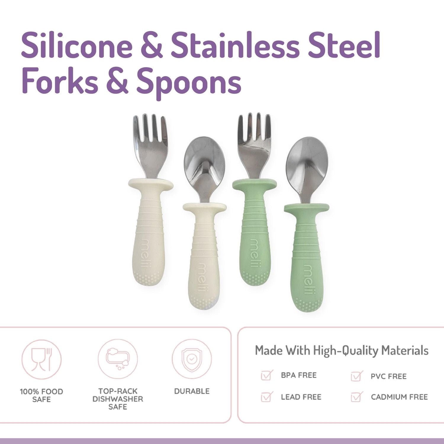 Melii silicone & stainless steel spoon and fork set for baby  4 pack - mint + cream