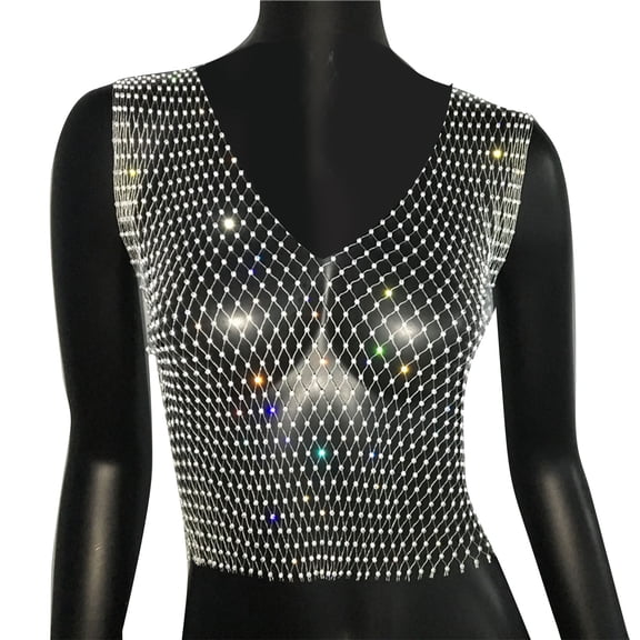 Sheer Mesh V Neck Crop Tanks Top with Glittering Rhinestones Women's Vest Coverup Shirt for Night Out Clubwear