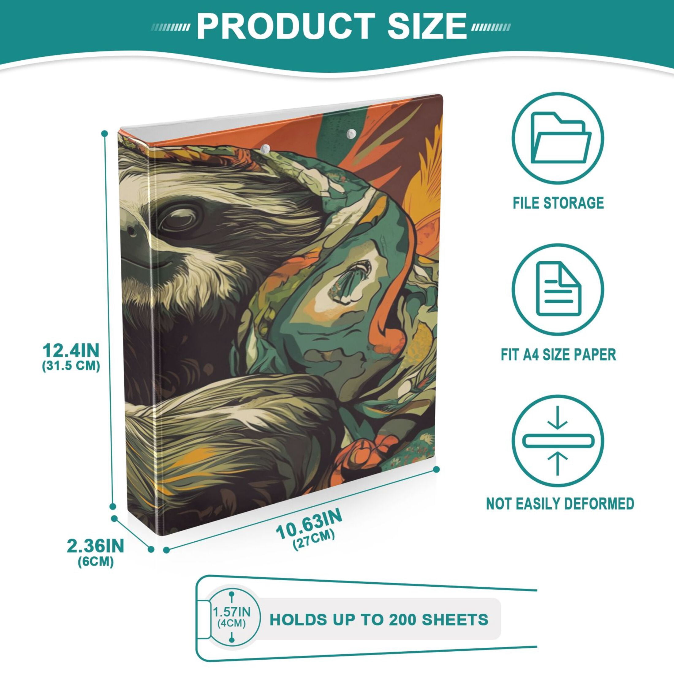 WOBOGO Exotic Style Sloth Pattern File Folders Extra Large Capacity to Hold 200 Sheets of Documents Hard Shell Ring Binder for School Home Office