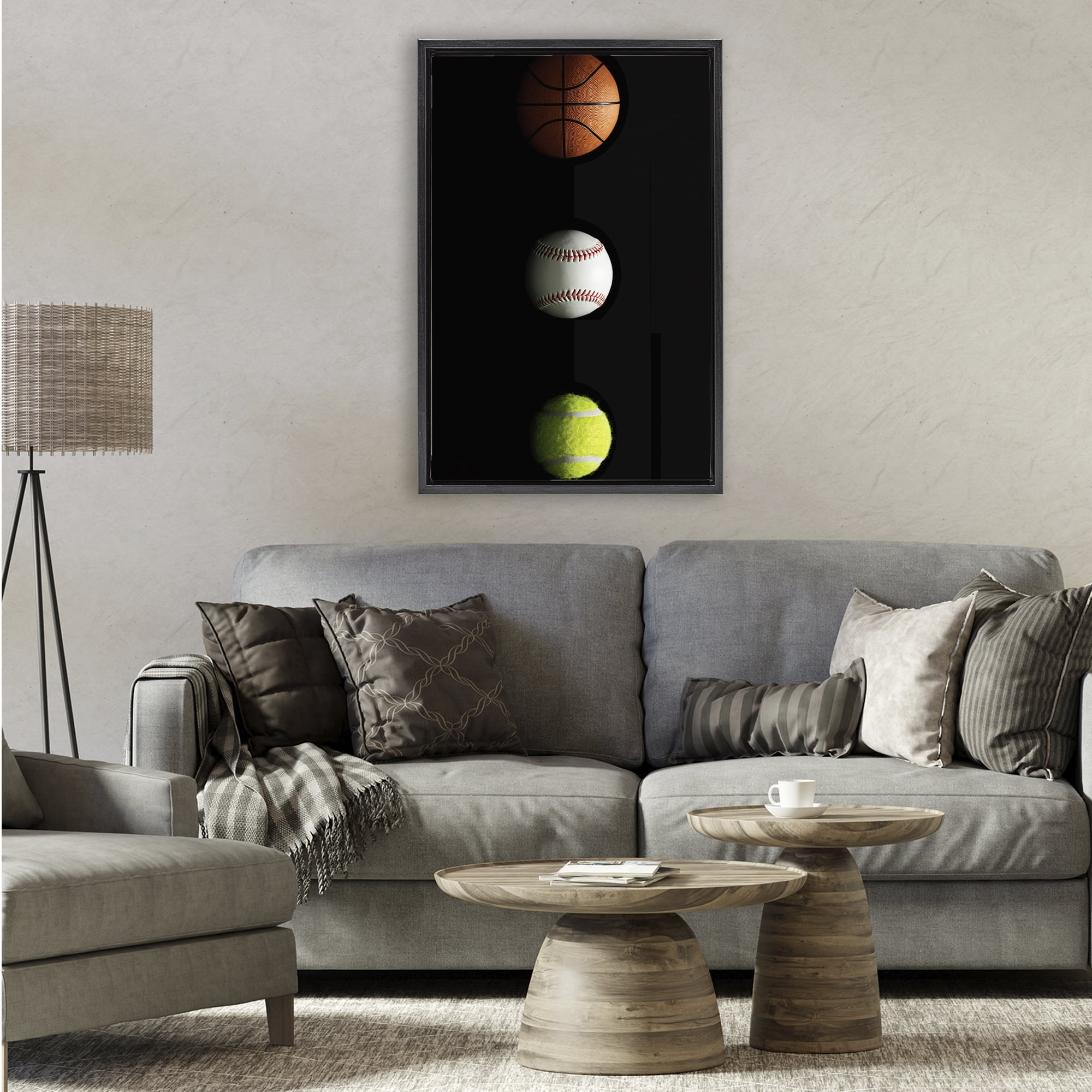 Stupell Industries Sports Balls Spotlight Black Framed Floater Canvas Wall Art, design by Jesse Keith