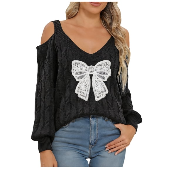 Rutainlusire Womens Trendy Comfy Bow Printed Sweaters Blouses Women's Casual Fashion V-Neck Bow Long Sleeved Off Shoulder Loose Pullover Sweater