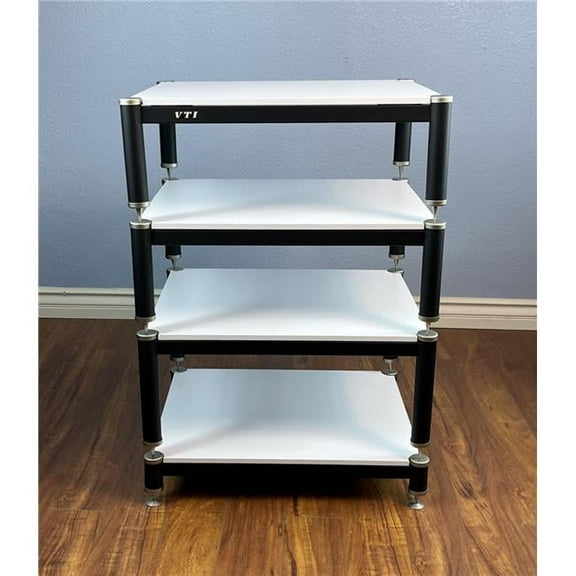VTI BL404SW 4 Silver Cap & Spike, Black Poles & 4 White Shelves AV Stand