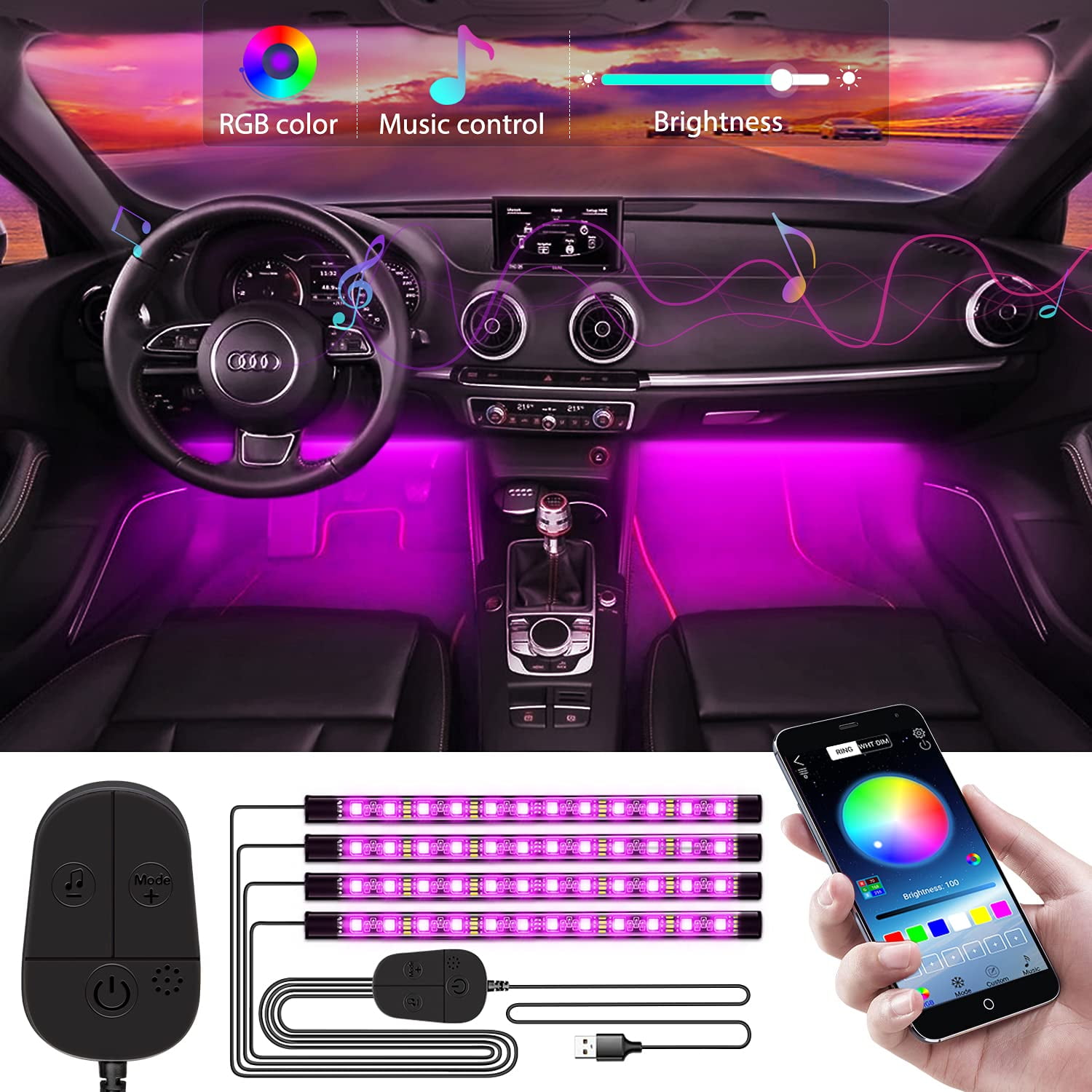 Car Led Interior Lights, Car Led Light Bars Auto Parts With Usb Port App  Control Lighting Kit Unlimited Diy Colors Car Mood Lights Car Gifts For Him  