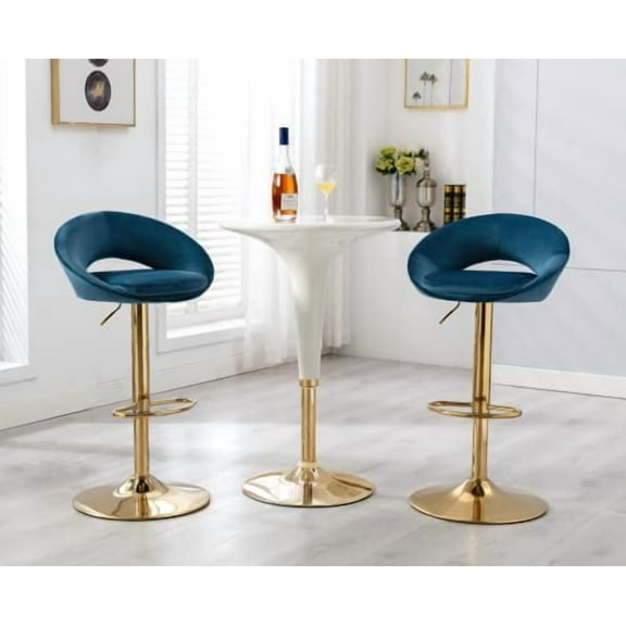 CIMOTA Swivel Velvet Bar Stools Set of 2 Adjustable Counter Height Bar Stool Chairs with Open Back/Gold Base for Island/Home Bar/Dining Room/Kitchen/Bistro, 24-33 Inch Navy Blue