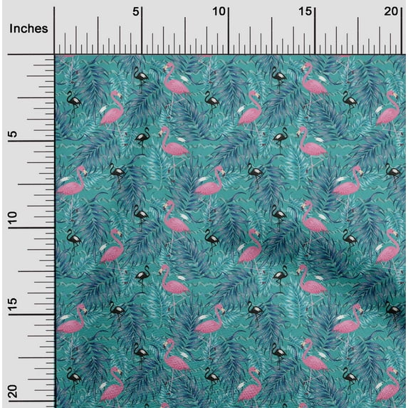 oneOone Cotton Poplin Dusty Teal Green Fabric Leaves & Flamingo Dress Material Fabric Print Fabric By The Yard 42 Inch Wide