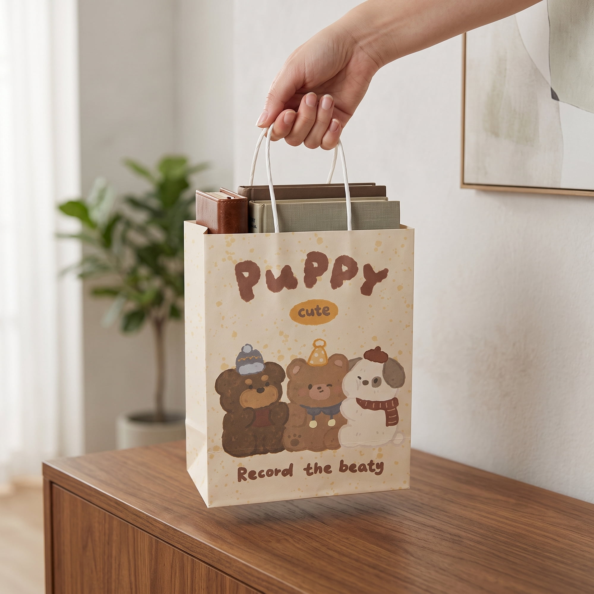 Unique Bargains Cartoon Gift Bags with Handles for Occasions Beige 8.3" x 4.3" x 10.6"