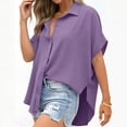 thumbnail image 2 of Tqcoqu Women's Button Down Shirts Short Sleeve Slit Hem Shirt Solid Color Tops, Side Slit Dressy Casual Blouses Loose Fit Tunic Tops,Purple Women's S-XXL, 2 of 7