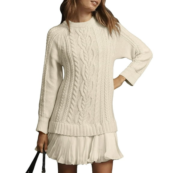 Women Cable Knit Sweater Dress Crewneck Long Sleeve Pleated Mini Dress Twofer Style Patchwork Dress