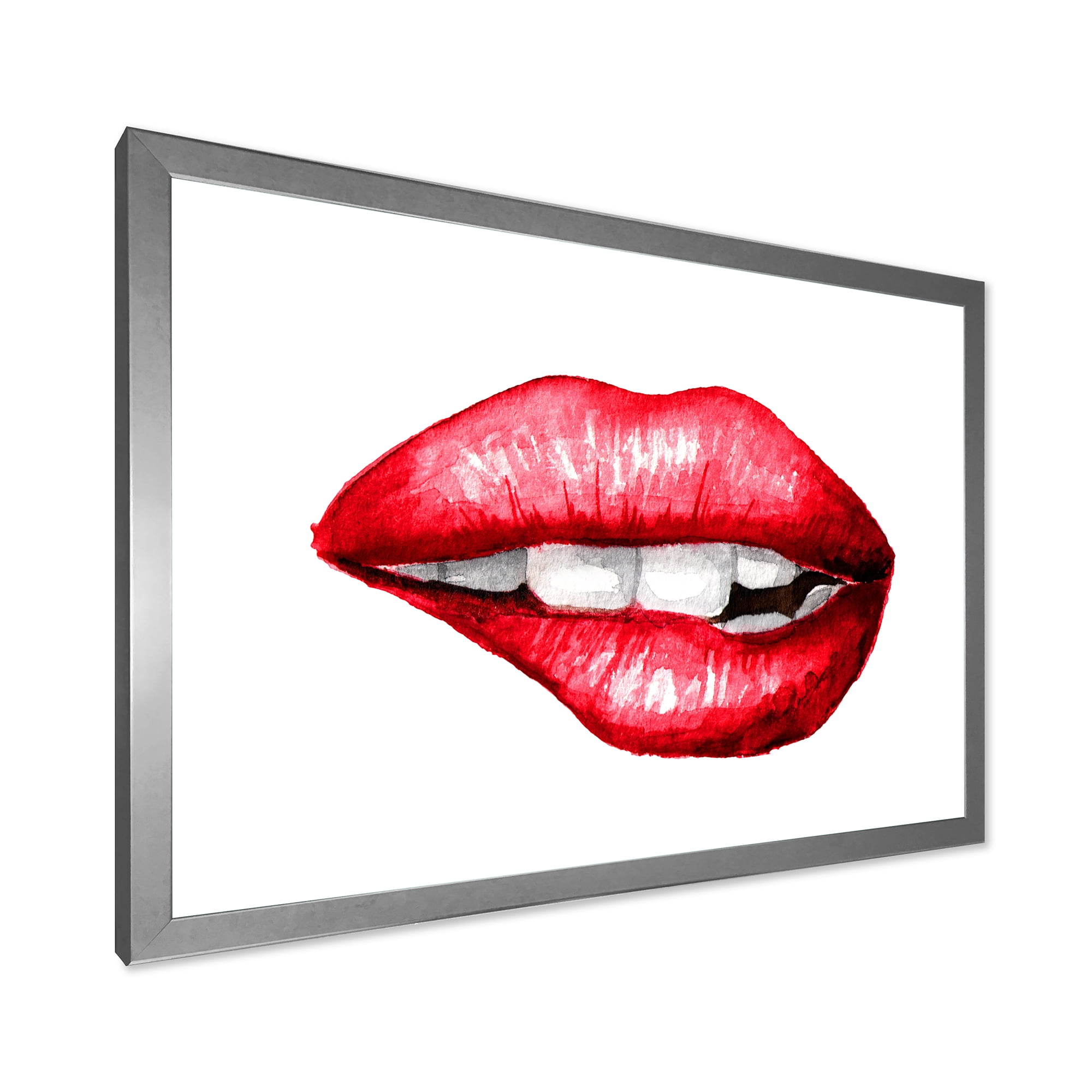 Designart 'Sexy Plump Puffy Girl Lips Biting' Modern Framed Art Print