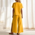 thumbnail image 5 of Women Linen Sets 2 Piece Outfits Short Sleeve Asymmetrical Shirt Split Wide Leg Pants 2026 Summer Trendy Boho Pant Suits,Yellow L, 5 of 8