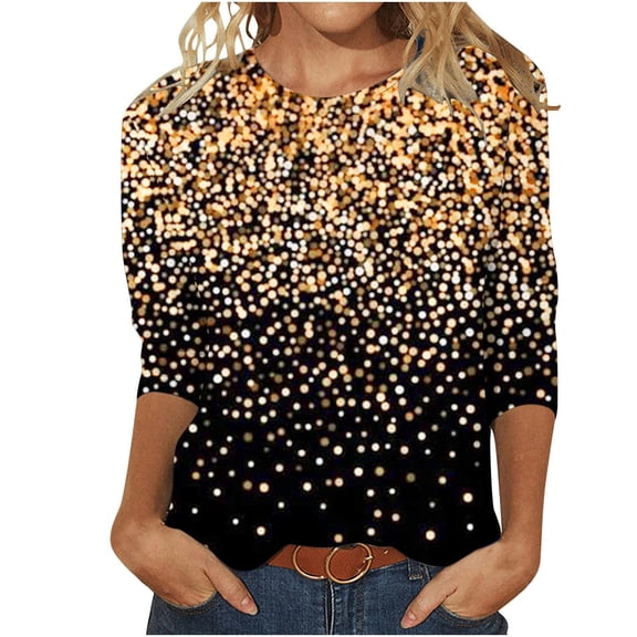 Women Summer Tops Women Printed Shirt 3/ 4 Sleeve Tunic Tops Crewneck Blouse Tshirt Sports under Shirt Long Sleeve Long Dress Blouse Work Oversized Thin Gold 2XL
