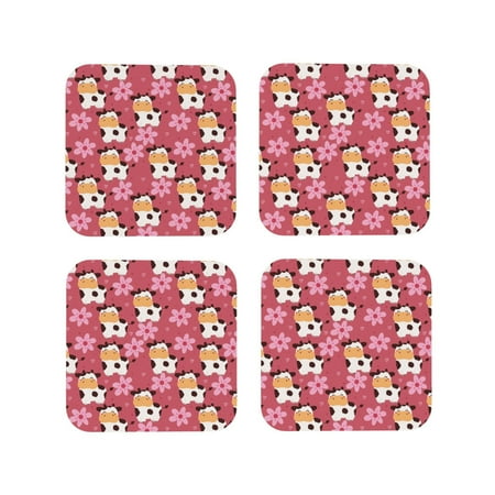 

Leather Coasters with Heat-resistant for Drinks Classic Cute Smiling Cow Flower Cup Coasters Cup Pad Mat for Tabletop Protection Coffee Table Office Desk and Housewarming Gift