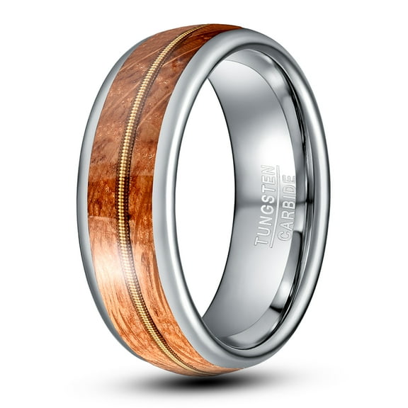 8MM Tungsten Rings for Men Guitar Strings and Koa Wood Inlay Wedding Band High Polished Edge Comfort Fit Size 7-12