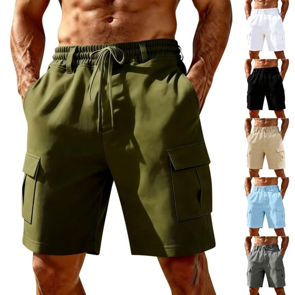 Men's Cargo Shorts with Deep Pockets and Drawstring Waist Featuring Linen Blend Fabric and Straight Leg Cut for Summer Hiking Fishing Camping Travel or Casual Daily Wear Army Green L