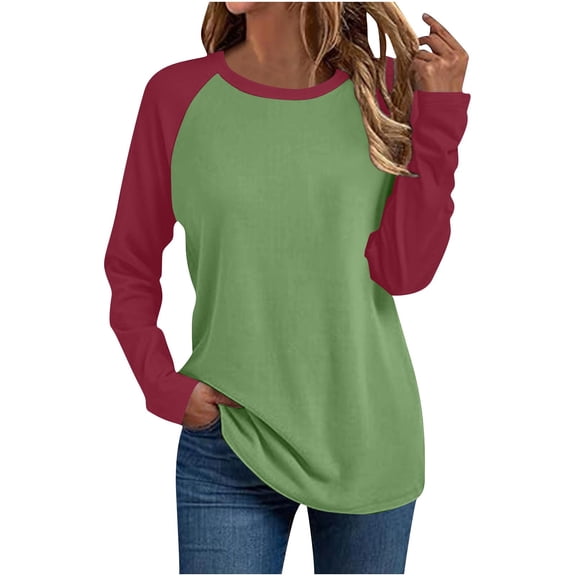 Womens Long Sleeve Tops Colorblock Raglan Crew Neck Tees Lightweight Comfort Soft Casual Loose Classic Tshirts