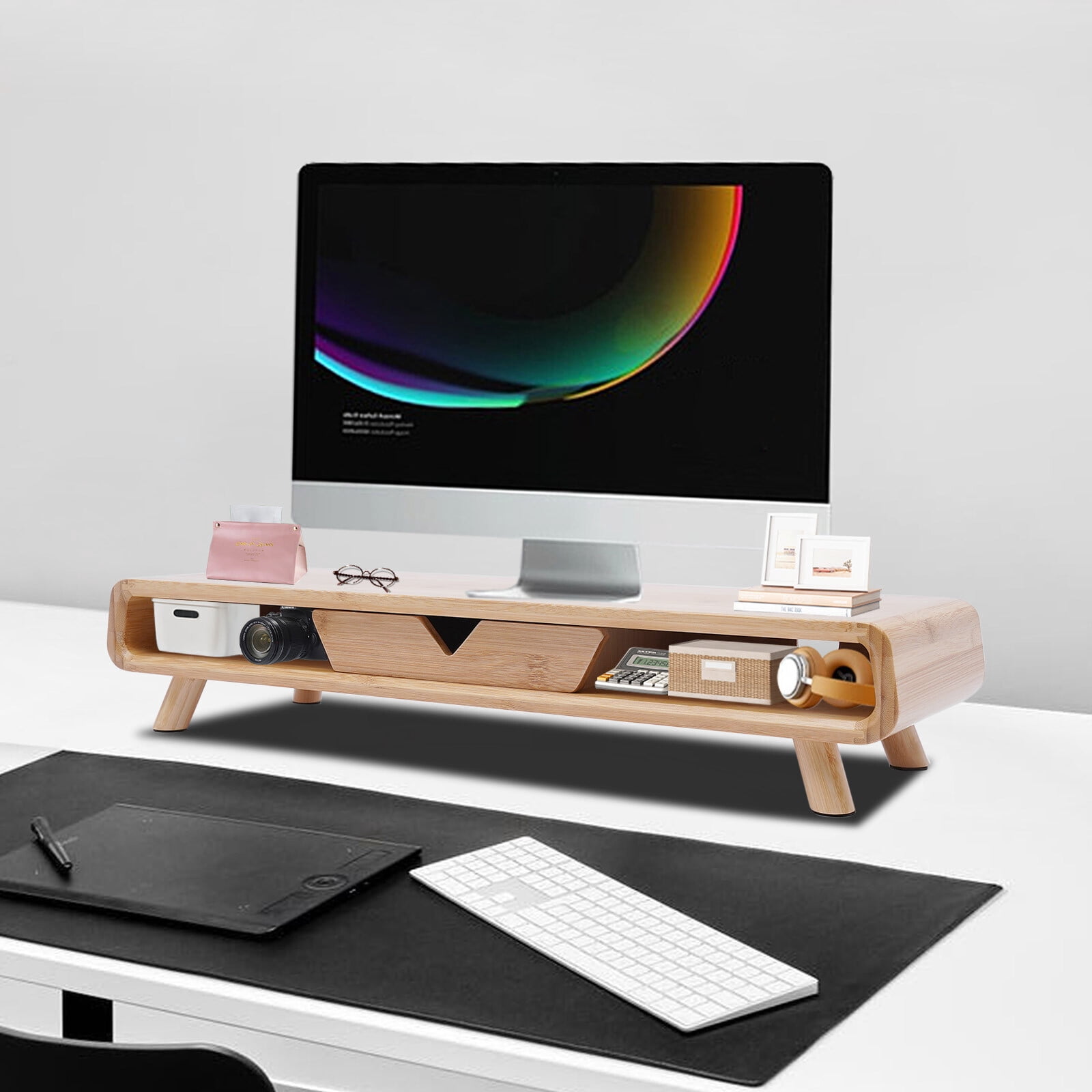 24" Bamboo Monitor Stand & Back Baffle Drawer Desktop Stand Riser 4.5" Height Wood Color for Office