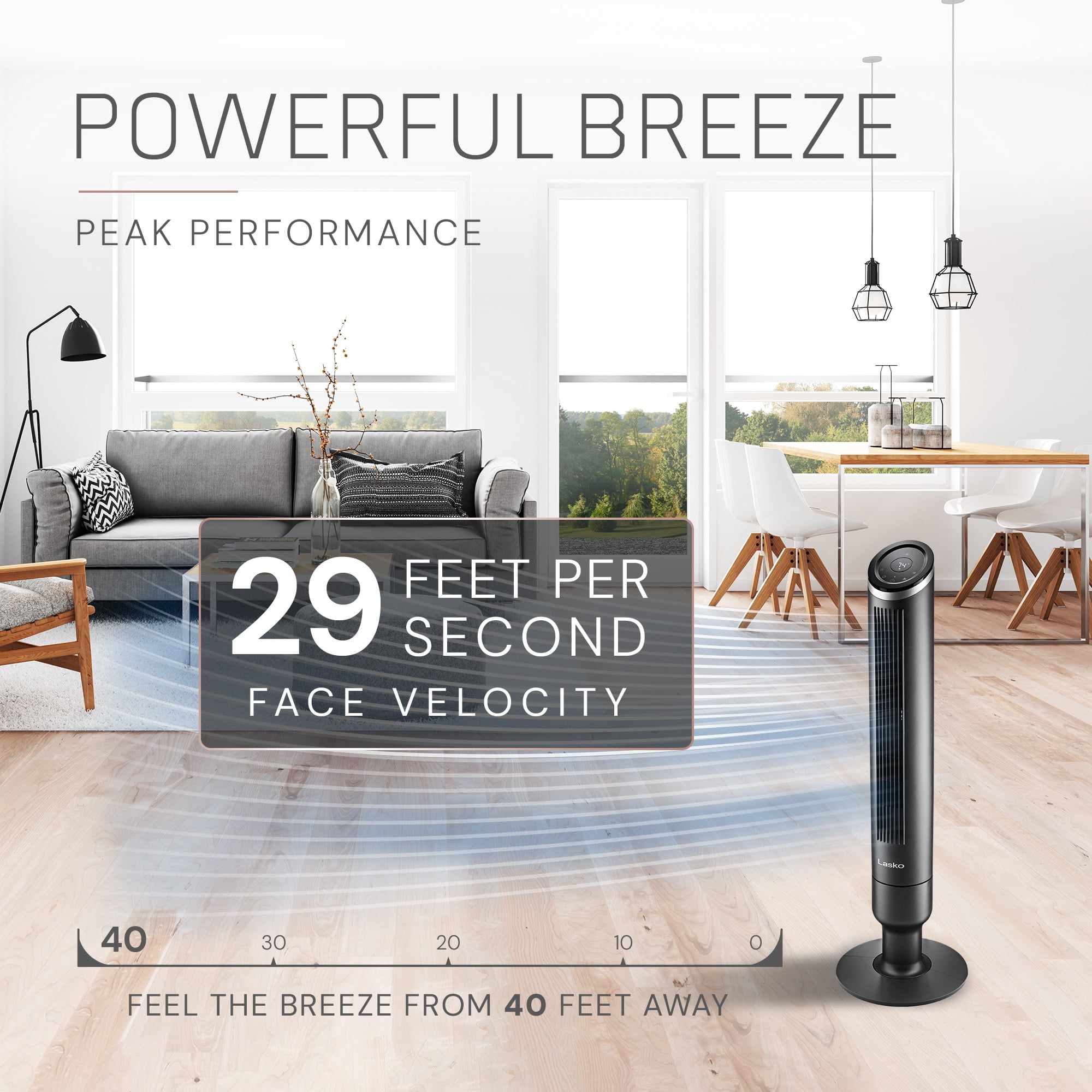 Lasko Apex 42" 6-Speed Tower Fan, 29 ft/s Airflow, Carbon X Filtration and Remote, Black, RST200