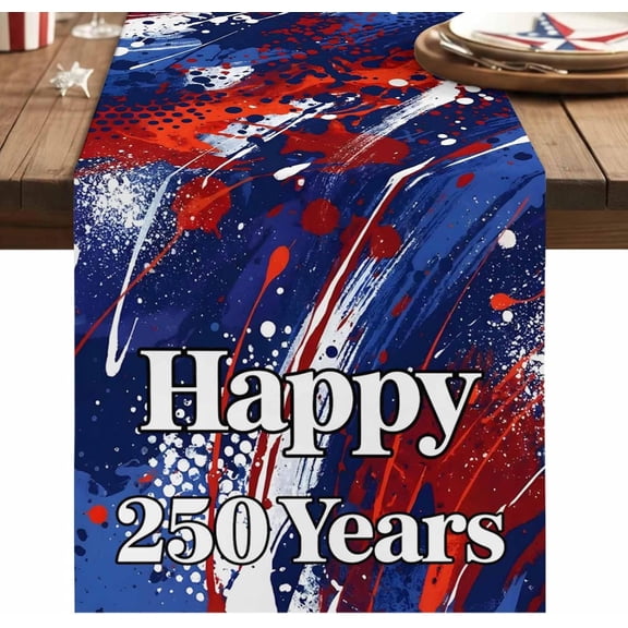 250 Anniversary USA Flag Table Runner 36 Inches Long, Watercolor Blue Red Black Table Runners Dresser Scarf, Kitchen Dining Tables Decoration for Holiday Party Wedding Home Decor, 13"x36"