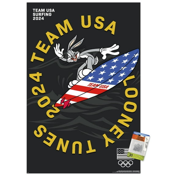 Looney Tunes x Team USA - Surfing Wall Poster with Pushpins, 22.375" x 34"