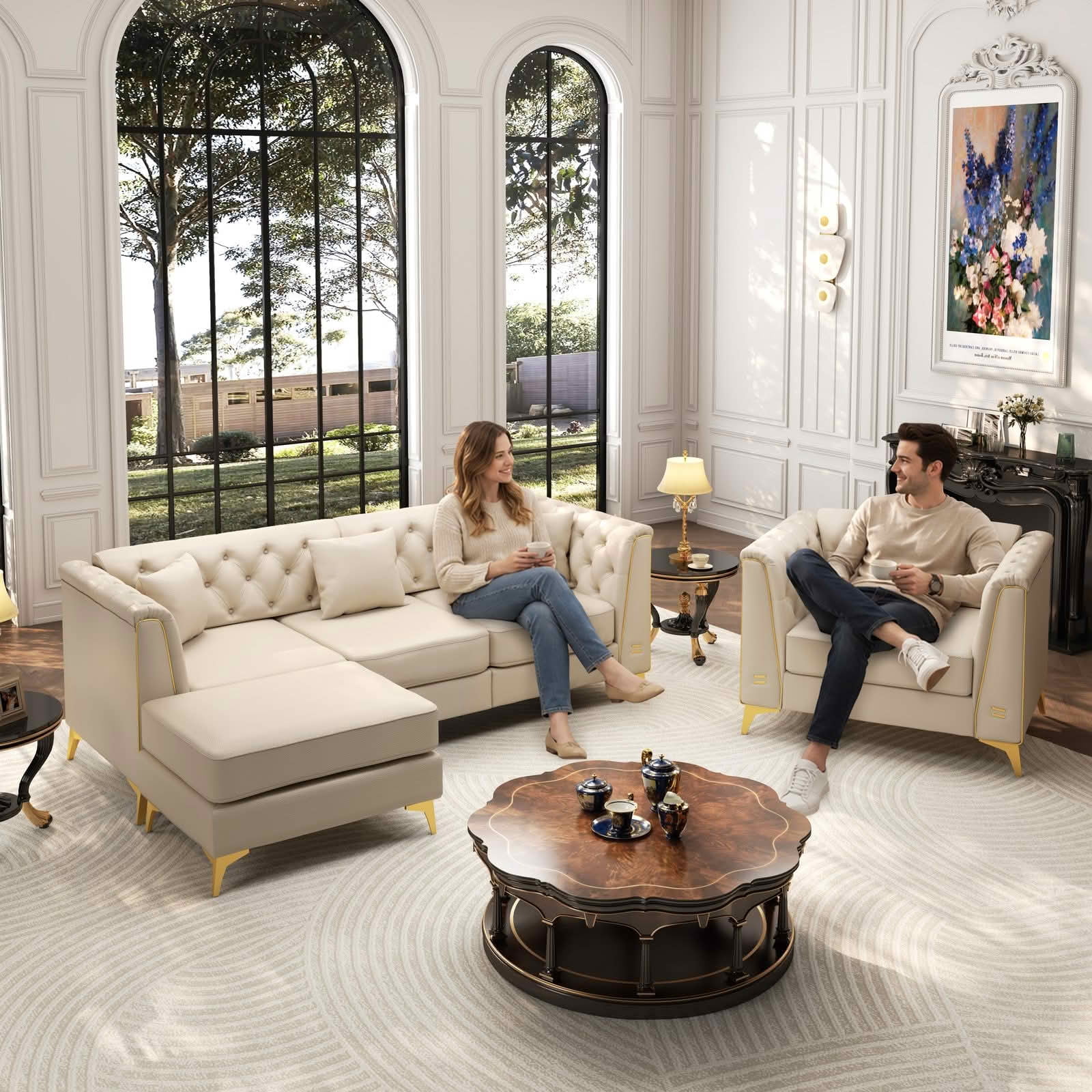 MAYEERTY Light Luxury Modular Chesterfield Sofa Combination, Faux‑Leather Sectional with Button Tufting, Metal‑Trim Armrest & Slim Metal Legs, 4 Pillows Included
