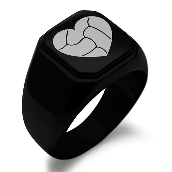 Stainless Steel Love Volleyball Heart Engraved Square Flat Top Biker Style Polished Ring