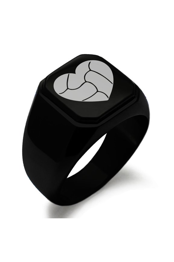 Stainless Steel Love Volleyball Heart Engraved Square Flat Top Biker Style Polished Ring