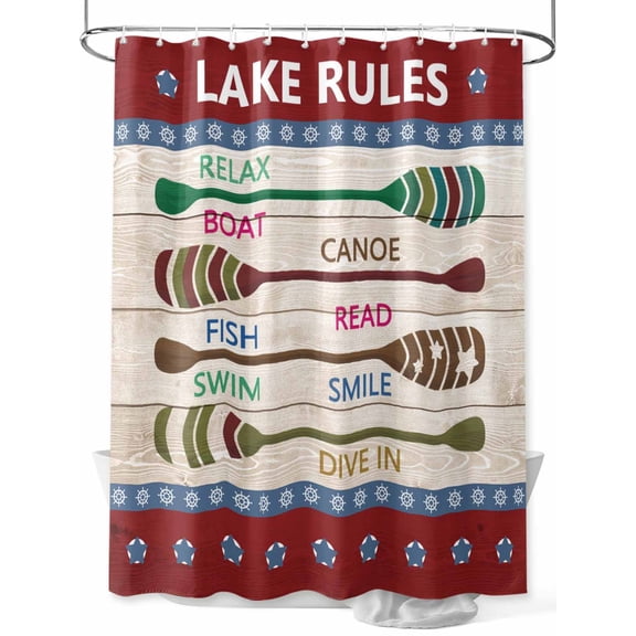 Fsddascl Lake Rules Shower Curtain Set - 48" x 72" Washable Bathtub Curtain with 12 Hooks, Red Green Brown Paddle Striped Rudder Wooden Waterproof Fabric Stall Shower Curtains for Bathroom/Bathtub