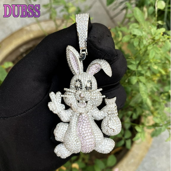 DUBSS Prong Rabbit Necklace Pendant for Men Cubic Zirconia Real Copper Iced Out Charm Hip Hop Jewelry