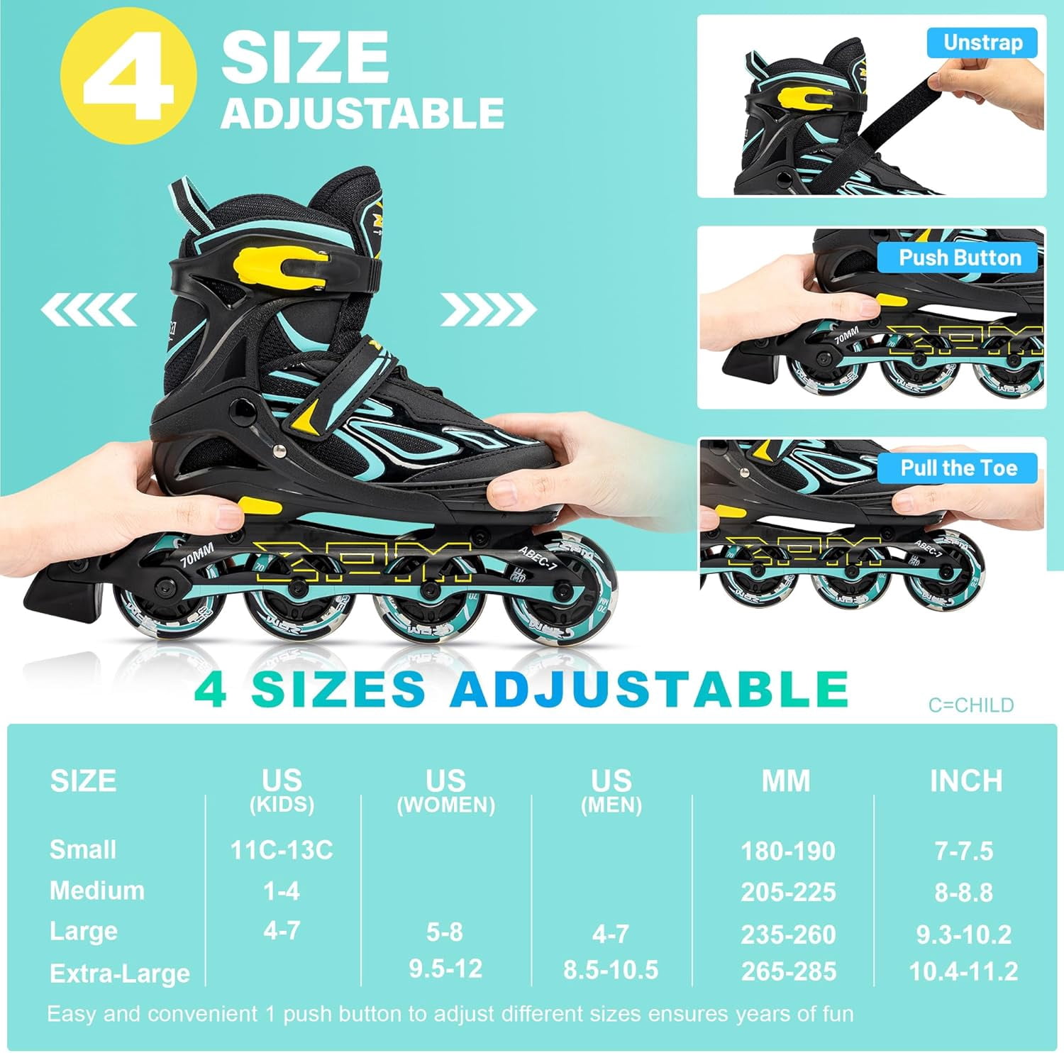 PrimeCook Shop Vinal Girls Adjustable Flashing Inline Skates, All Wheels Light Up, Fun Illuminating Skates for Kids Men Adult Women and Boys