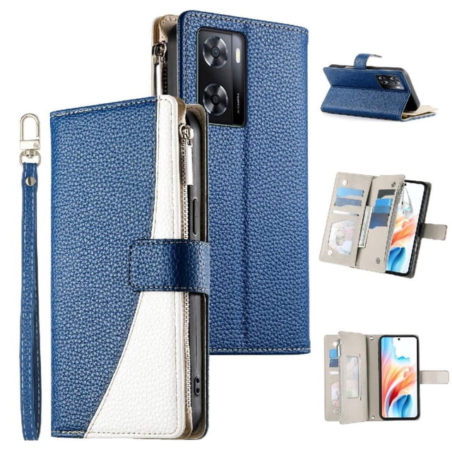 Funda cartera GANGXUN para OPPO A57 4G/A77 4G , cuero PU con tarjetero, cremallera, correa de mano, soporte y protección 442°