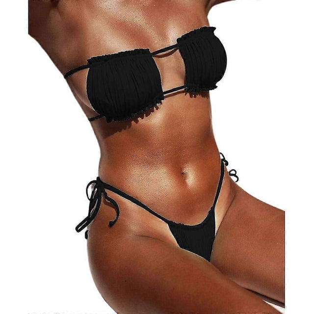 Conjunto de bikini sexy de 2 piezas para mujer, color liso, sin tirantes, fruncido, con aberturas tipo bandeau.