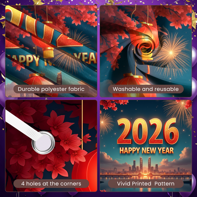 Lanternes Rouges Bannière de Célébration du Nouvel An Feux d'Artifice Paysage Urbain Polyester Décoration Festive pour Événement de Vacances Décoration Intérieure Fête Extérieure