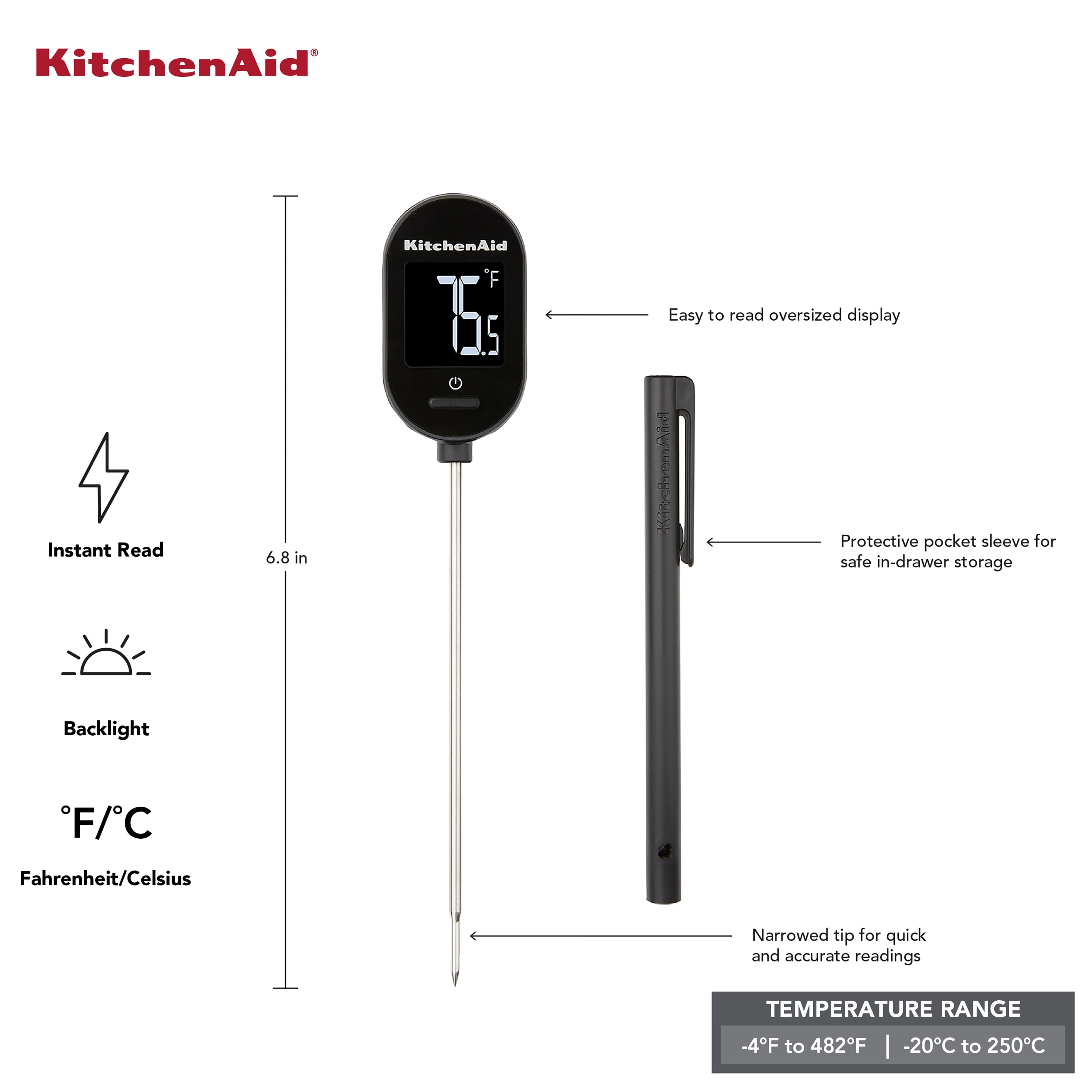  KitchenAid KQ907 Curved Stainless Steel Paddle Style Candy and  Deep Fry Thermometer with pan clip, TEMPERATURE RANGE: 100F to 400F, Black:  Home & Kitchen