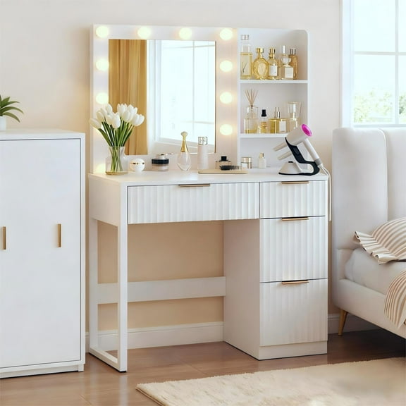 Zimtown Modern Makeup Vanity Desk with Mirror and Charging Station, Lighted Vanity Table with 4 Drawers & 3 Storage Shelves for Bedroom, White
