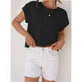 thumbnail image 3 of Womens Short Sleeve T-Shirts Round Neck Rolled Dolman Sleeve Tops Solid Casual Cropped Tees, 3 of 7
