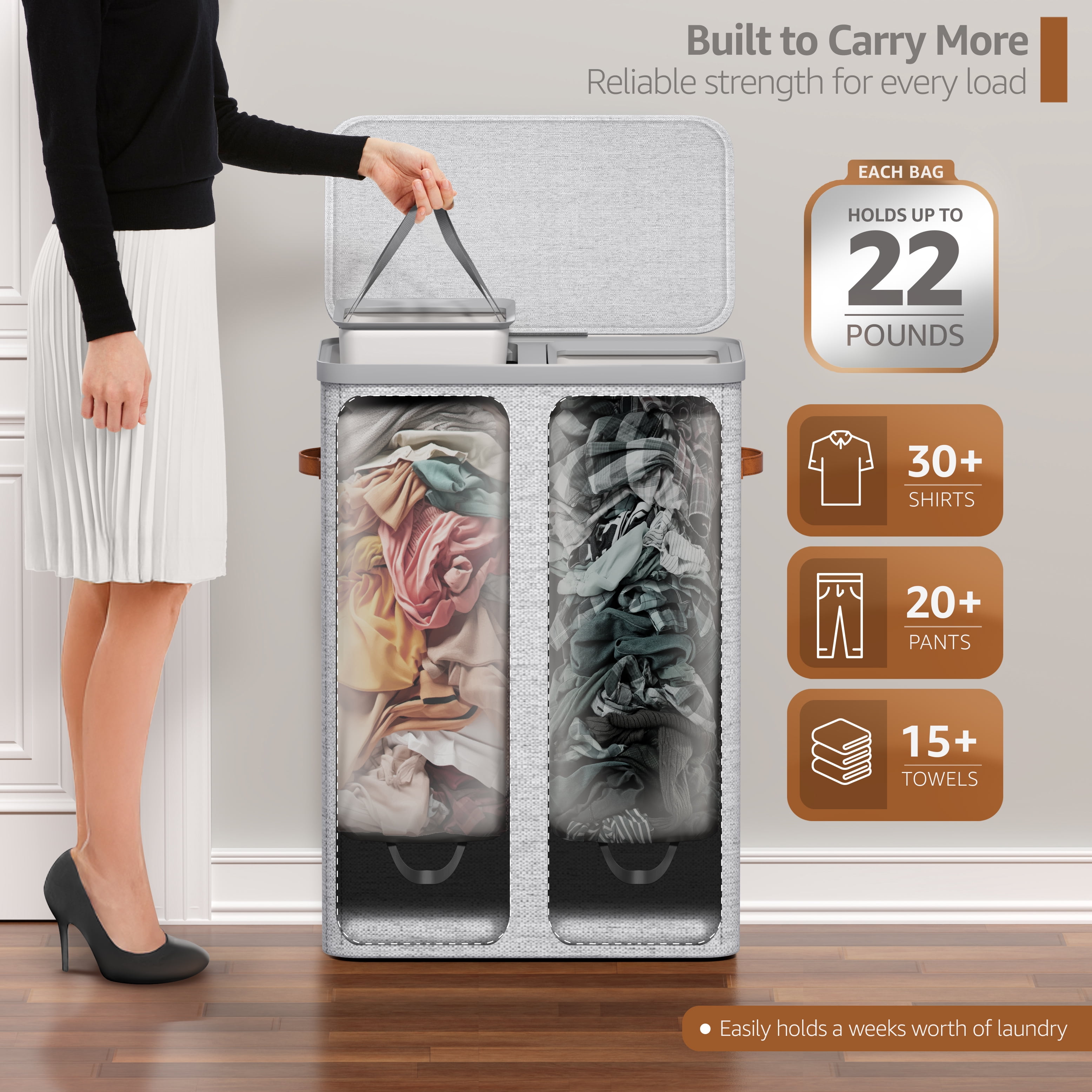 Sorbus Collapsible Fabric Laundry Hamper with Removable Bag, 2-Compartment, Gray