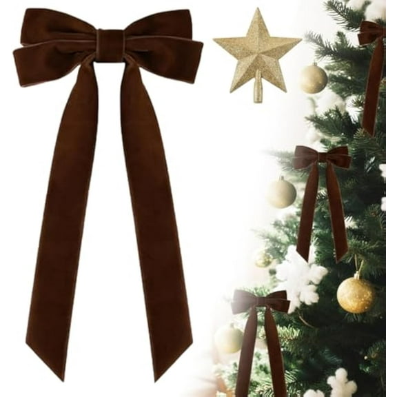 16PCS Velvet Ribbon Burgundy Bows for Christmas Tree, Vintage Rustic Small Craft Bows Ornaments for Garland Wreath Gift Wrapping Candy Bags Party DIY Decorations(Deep Brown)