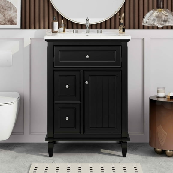MAYEERTY 24" Bathroom Vanity with Sink, 1 Flip Drawer 2 Drawers Adjustable Shelf, Solid Wood MDF, Black