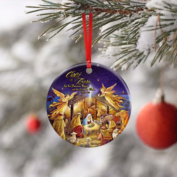 Ceramic Christmas Tree Ornaments, Christ is Born Hanging Ornament With Ribbon, Christmas Gifts - Circle, 1 Pcs