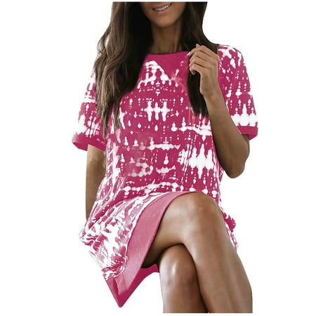 

Dress for Women 2022 Sexy Dresses for Women Fashion Women Tie-Dye Printed O-Neck Short Sleeve Leisure Straight Loose Fit Dress Sundresses for Women Corset Dress Summer Savings Clearance Pink L