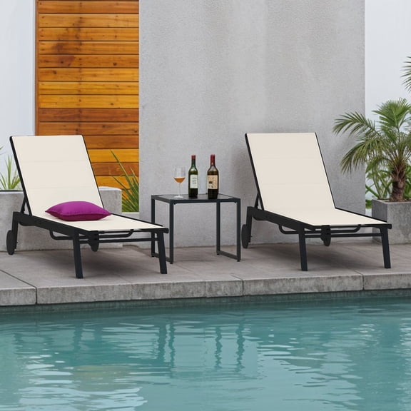 Craftian Patio Chaise Lounge Set of 3, Aluminum Outdoor Lounge Chairs with Side Table, Beige